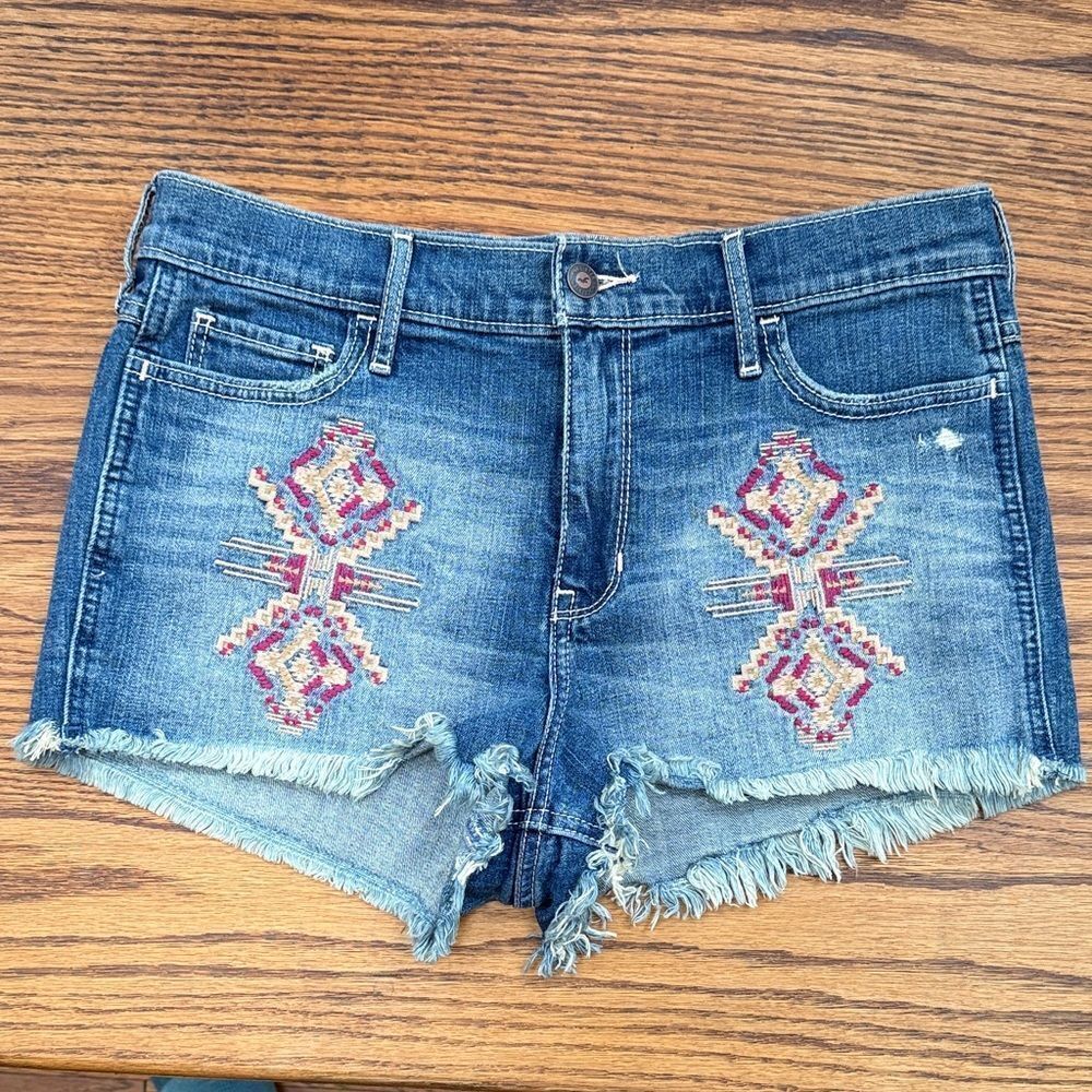 Hollister Blue Jean Shorts with Pink Embroidery